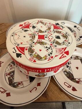 Vintage WCL China Playing Card Dessert Plate Set - White and Red